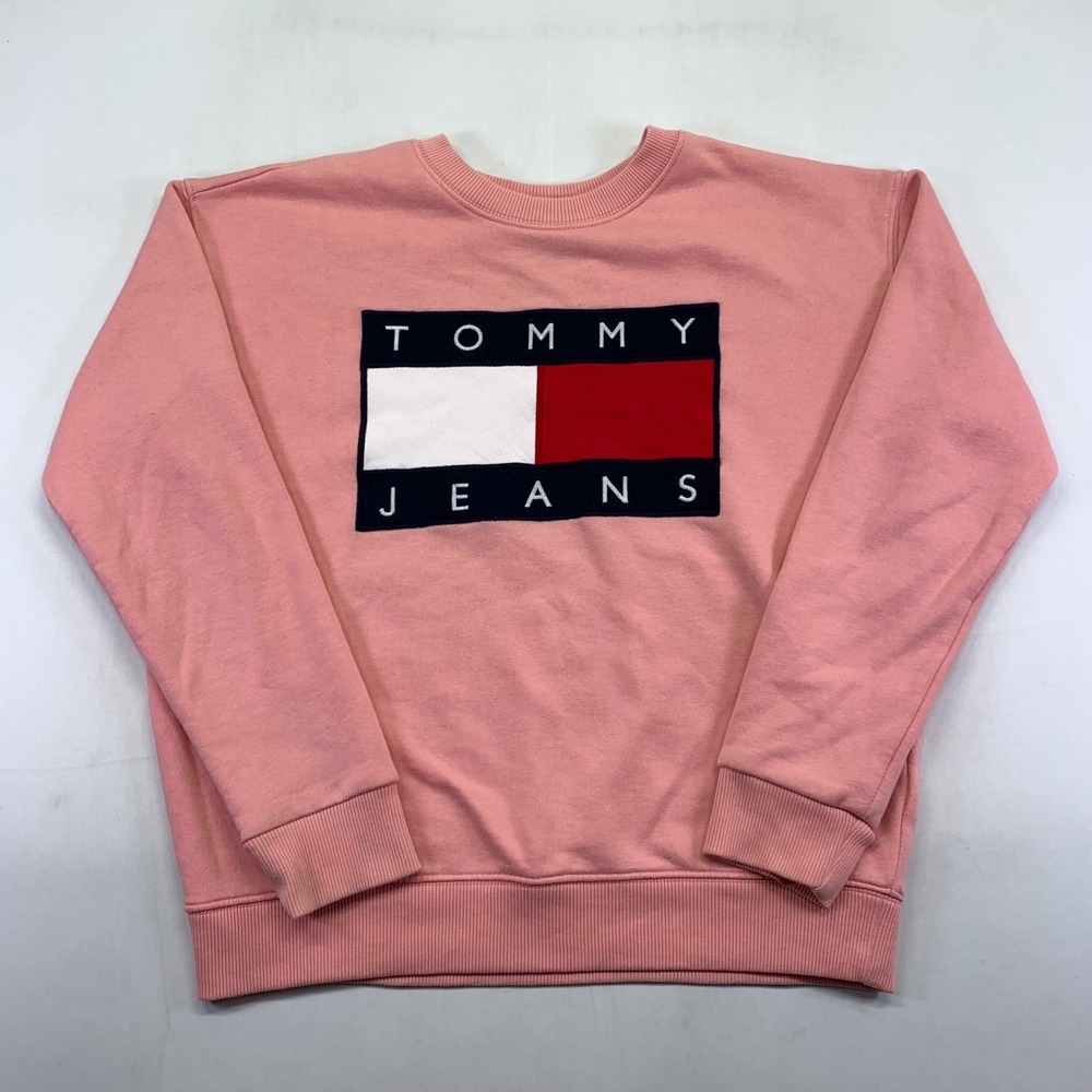 Tommy Jeans Sweatshirt Small Womens Pink Big Logo Spell Out Pullover Crewneck